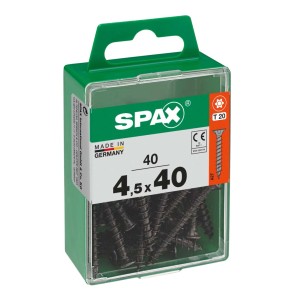 Viti nere SPAX 4,5x40 mm in contenitore di plastica verde. Fissaggi universali per il fai da te.