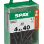 Viti nere SPAX 4,5x40 mm in contenitore di plastica verde. Fissaggi universali per il fai da te.