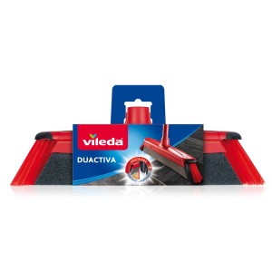 Scopa Vileda Duactiva per la pulizia, setole rosse e labbro in gomma grigia.