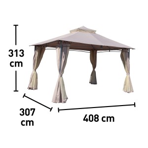 Gazebo beige con tende e dimensioni.