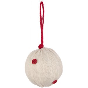 Palla di Natale in maglia color crema con bottoni e gancio rossi. Decorazione albero di Natale.