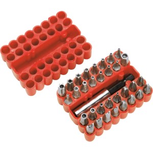 Set di 33 inserti con vari inserti e portainserti magnetico in scatola di immagazzinaggio rossa.