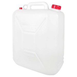 Tanica bianca con tappo rosso per campeggio e attività all'aperto.