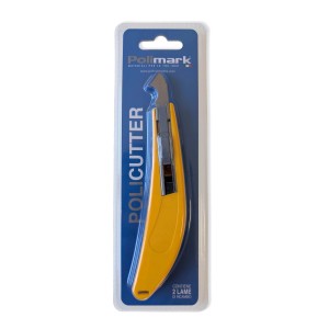 Taglierino Policuttermesser giallo t.b.t. in confezione con lame di ricambio.