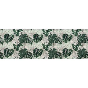 Paraschizzi con motivo a foglie di Monstera nei toni del verde e del grigio.