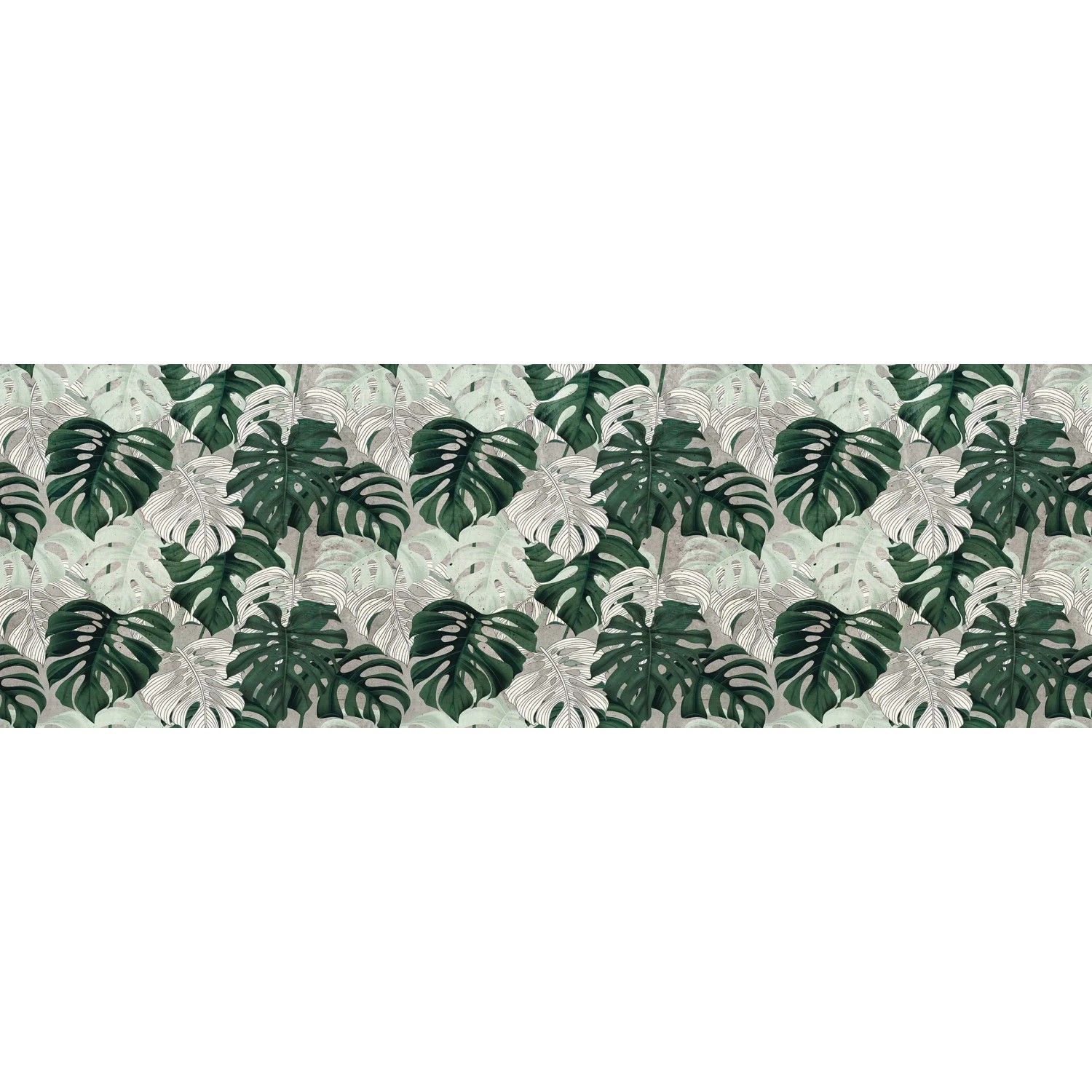 Paraschizzi con motivo a foglie di Monstera nei toni del verde e del grigio.