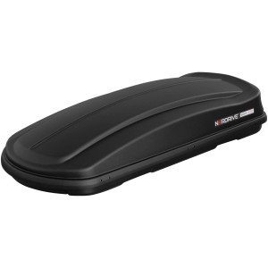 Box da tetto nera per portapacchi auto, accessorio per il trasporto.