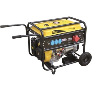 Generatore di corrente giallo t.b.t. con telaio nero e ruote.