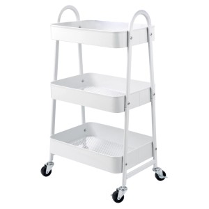 Carrello bianco a tre ripiani con maniglie.
