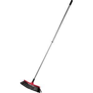 Set base per la casa: scopa con testa rossa, setole nere e manico telescopico.
