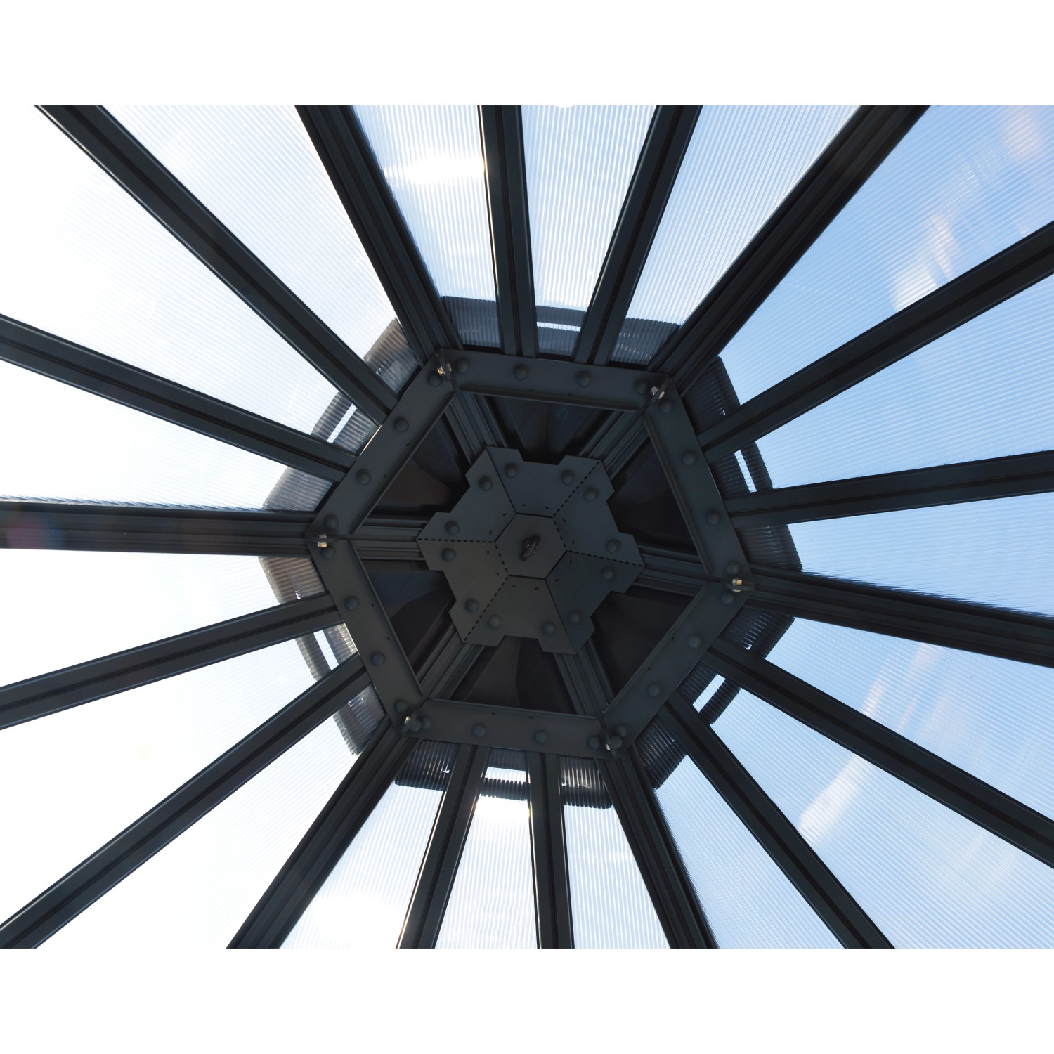 Dettaglio del tetto della serra Palram Canopia Oasis con telaio in alluminio e pannelli in policarbonato.