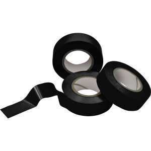 Tre rotoli di nastro isolante nero OBI, adatto per installazioni elettriche.