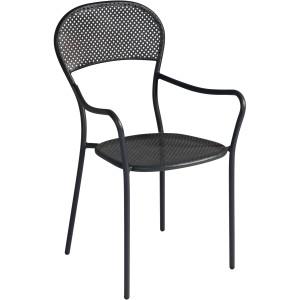 Sedia da giardino t.b.t. nera in metallo con braccioli e motivo a rete.