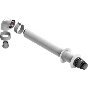 Set di tubi di scarico fumi per caldaie, composto da tubi, curve e materiale di montaggio.