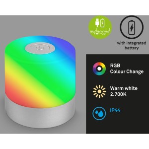 Lampada da tavolo a batteria Brilo Smal, cromo-opaco, 1,5W con cambio colore RGB, per un uso flessibile.