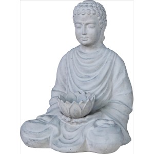 Figura decorativa Buddha grigia (40 cm) per il giardino, seduto con fiore di loto.