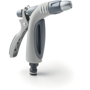 Pistola a spruzzo grigia per irrigazione giardino.