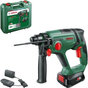 Tassellatore a batteria Bosch UniversalHammer 18V con batteria, caricabatterie e valigetta.