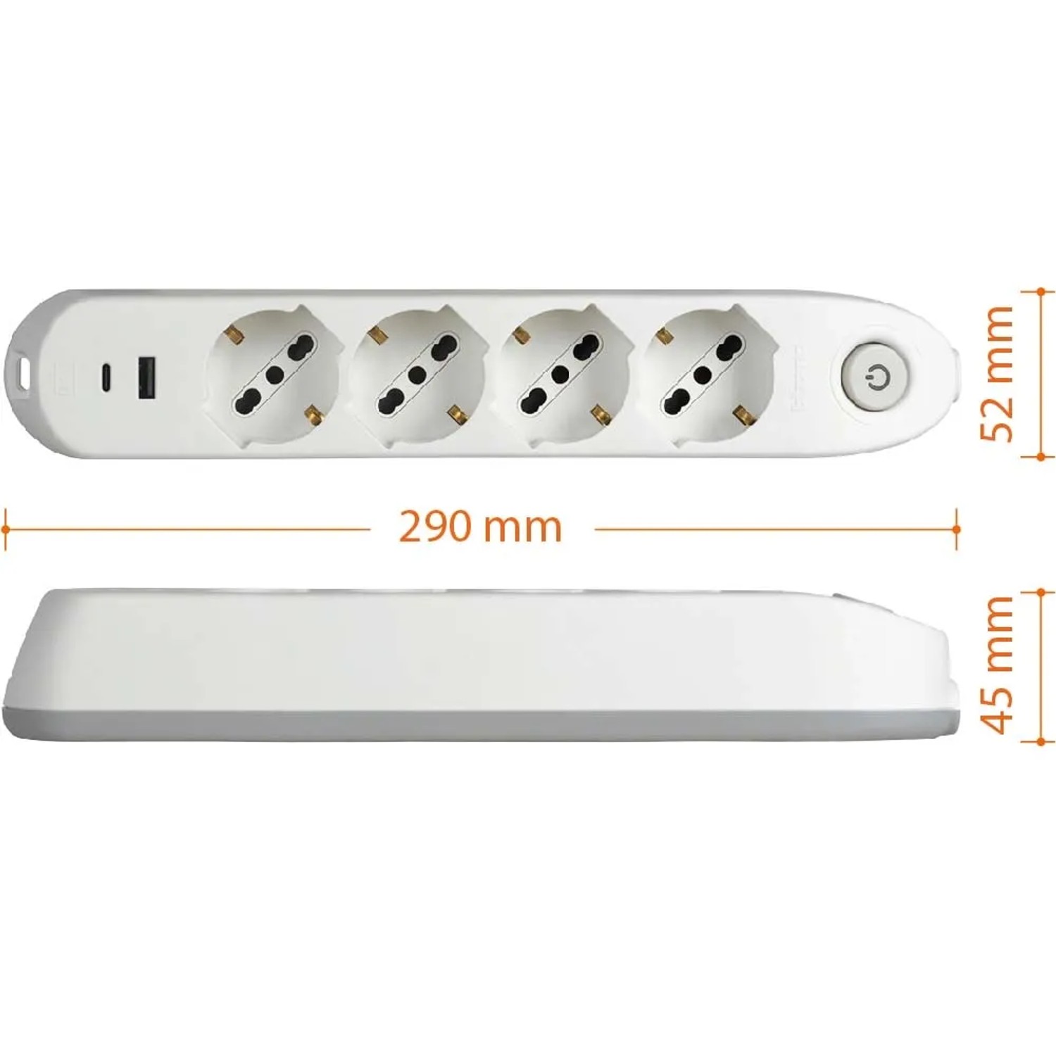 Multipresa bianca t.b.t. con 4 prese Schuko, porta USB e dimensioni 290x52x45mm.
