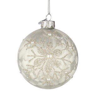 Palla di Natale bianca con fiocco di neve glitterato e perle.