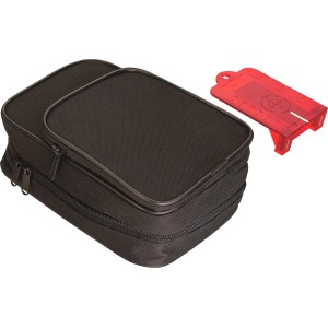 Laser LUX 90° con supporto rosso e borsa nera per strumenti di misura e collaudo.
