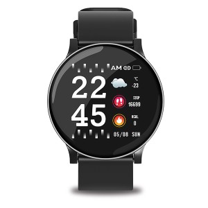 Smartwatch nera con display rotondo per il controllo domotica.