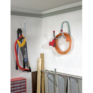 Gancio universale zincato con attrezzi a parete, portata fino a 25 kg.