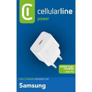 Caricatore rapido USB-C bianco di Cellularline per dispositivi Samsung.