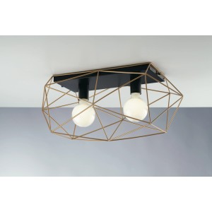Moderna plafoniera Abraxas con struttura in metallo dorato e due lampade in oro e nero (30x60cm).