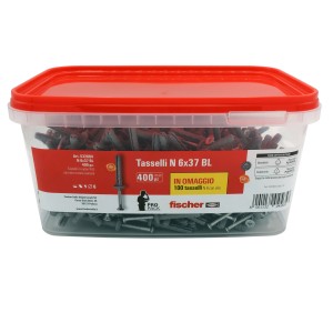 Fischer Tasselli N 6x37 BL, 400 pezzi in contenitore trasparente con coperchio rosso.