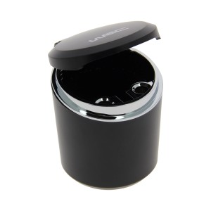 Posacenere auto nero t.b.t. con bordo cromato e coperchio per interni auto.