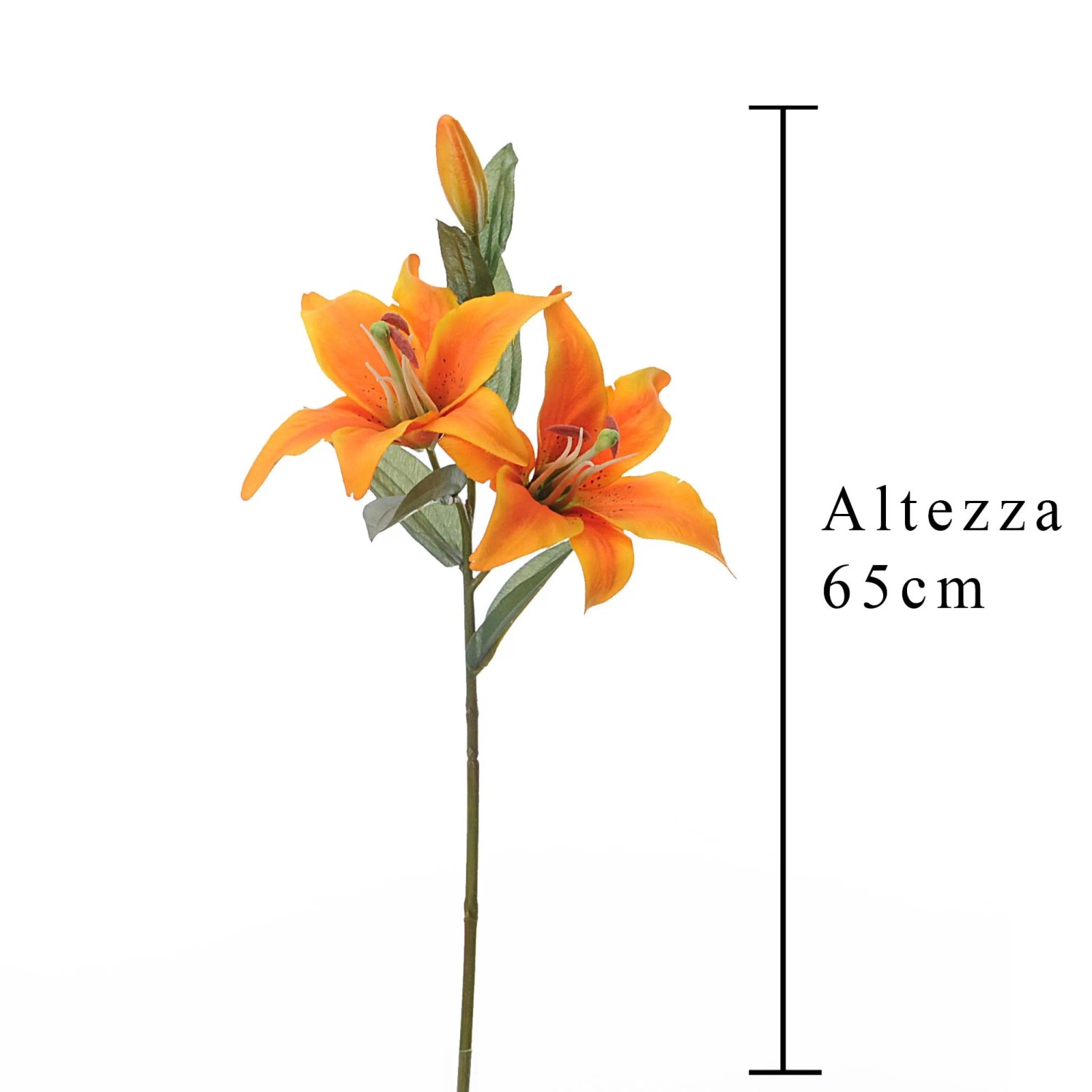 Giglio artificiale arancione, alto 65 cm, replica dettagliata per decorazioni.