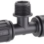 Raccordo a T nero per microirrigazione. Connettore con filetto e logo Claber.