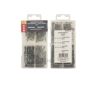 Set di chiodi assortiti in contenitore di plastica trasparente. Ideale per il fai da te.