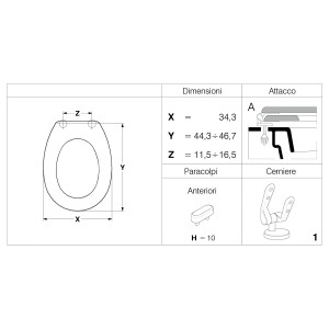 Disegno tecnico sedile WC: dimensioni, fissaggio, paracolpi, cerniere.