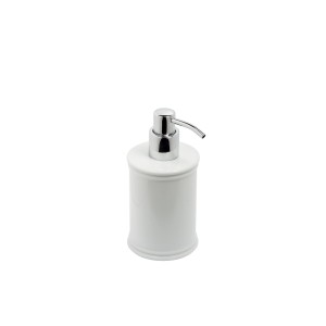 Dispenser sapone t.b.t. bianco con pompa cromata per bagno e cucina.