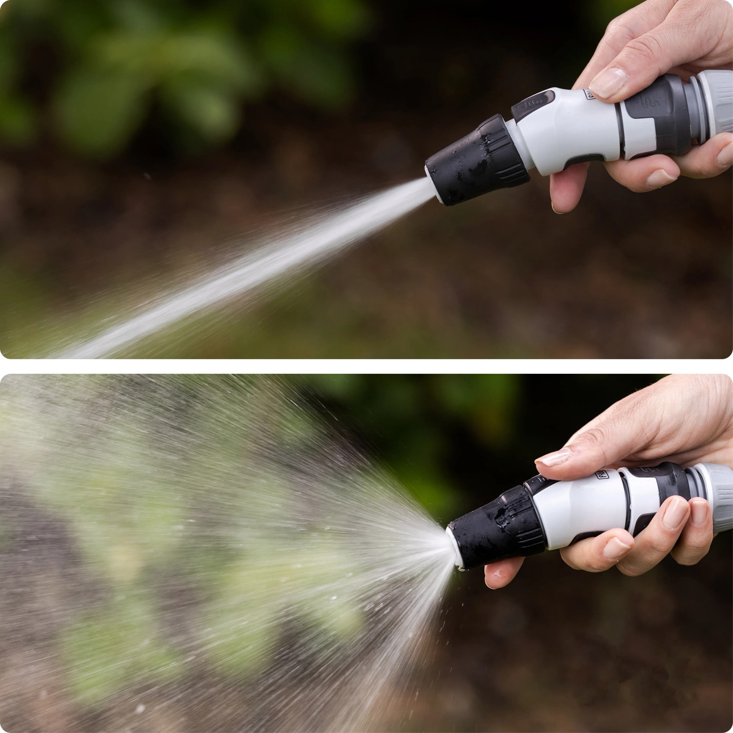 Acqua spruzzata da un raccordo per irrigazione t.b.t. per tubi da giardino.