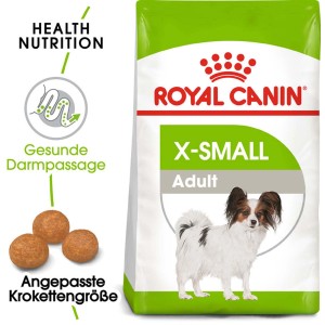 Royal Canin X-Small Adult cibo secco 1,5kg per cani di taglia molto piccola. Confezione con cane.
