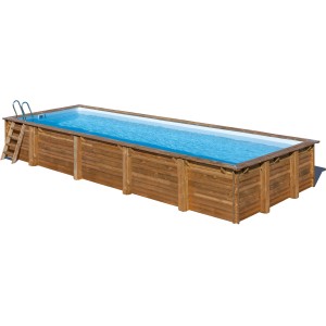 Piscina rettangolare Gre Echtholzpool Mint, rivestimento in legno marrone, liner blu e scaletta.