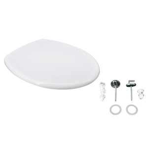 Sedile WC bianco con materiale di fissaggio per l'installazione.