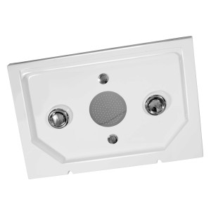 Piatto doccia bianco con scarico e raccordi per box doccia.