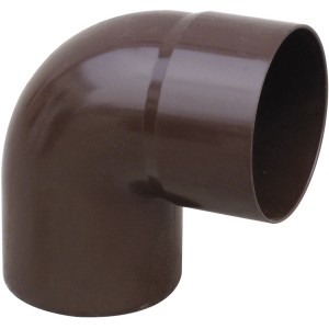 Raccordo a gomito in plastica marrone per grondaie e pluviali.