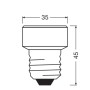 Disegno tecnico lampadina piatta LED Osram E27, dimensioni 4,5 x 3,5 cm.
