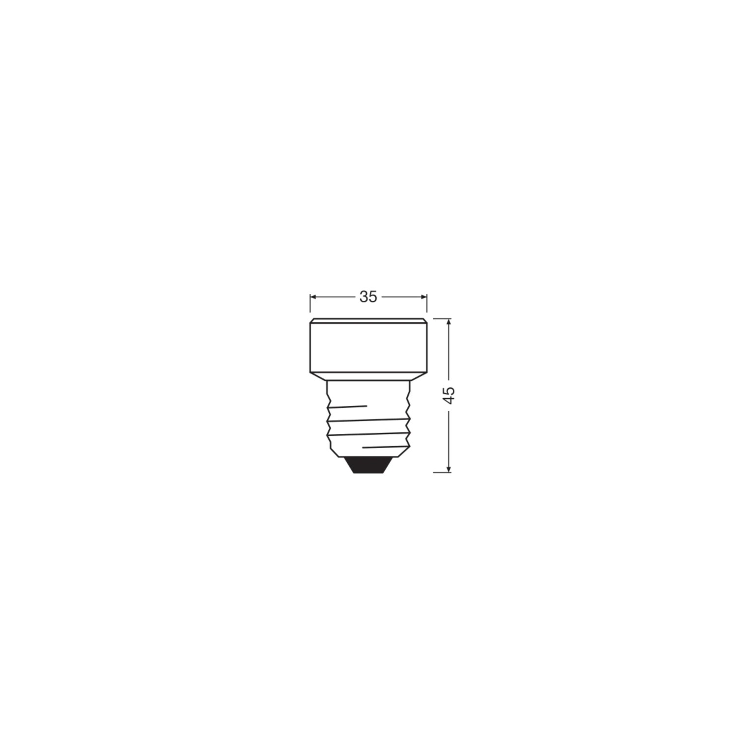 Disegno tecnico lampadina piatta LED Osram E27, dimensioni 4,5 x 3,5 cm.