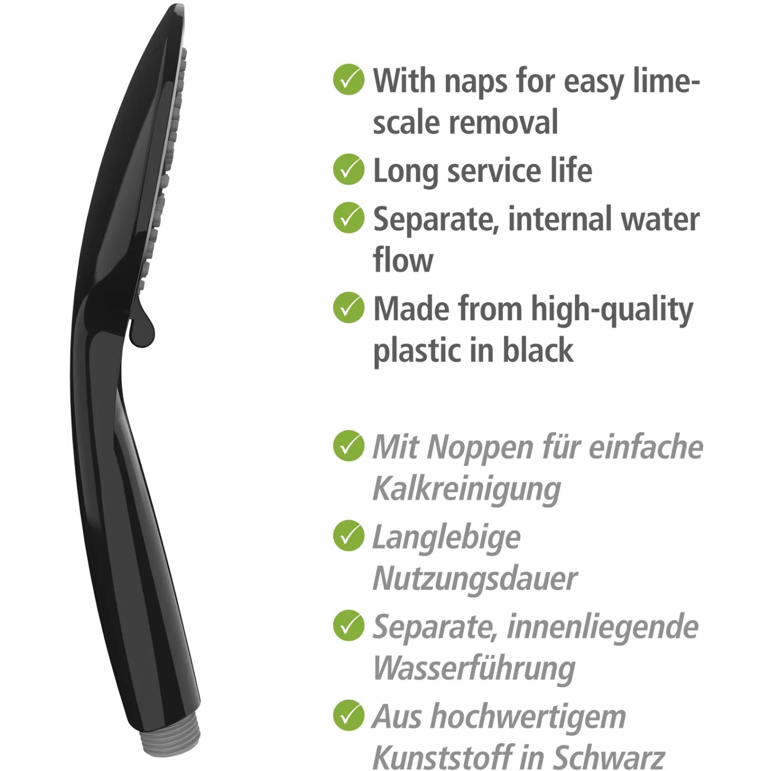 Soffione doccia nero Wenko Young con ugelli anticalcare e 5 getti per set doccia.