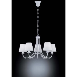 Lampadario a sospensione t.b.t. bianco con 5 paralumi per illuminazione soggiorno.