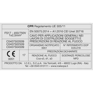 Scheda tecnica per cavo t.b.t.: Specifiche tecniche e certificazioni.