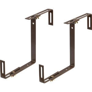 Set da 2 supporti per fioriera da balcone marroni in acciaio verniciato a polvere, regolabili per diverse larghezze di parapetto.