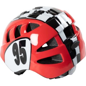 Casco da bici t.b.t. rosso con motivo a scacchi e numero 95.
