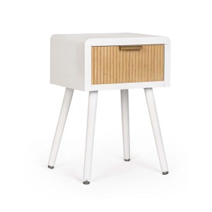 Comodino bianco con cassetto in legno e tre gambe.